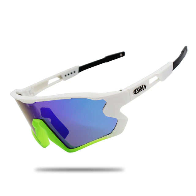 Aero ABUS Cycling Sunglasses, Blue Lens | White/Green Frame